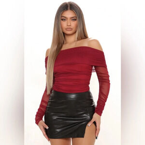 Fashion Nova Keep  Me Sassy Ruched Off the Shoulder Bodysuit Burgundy